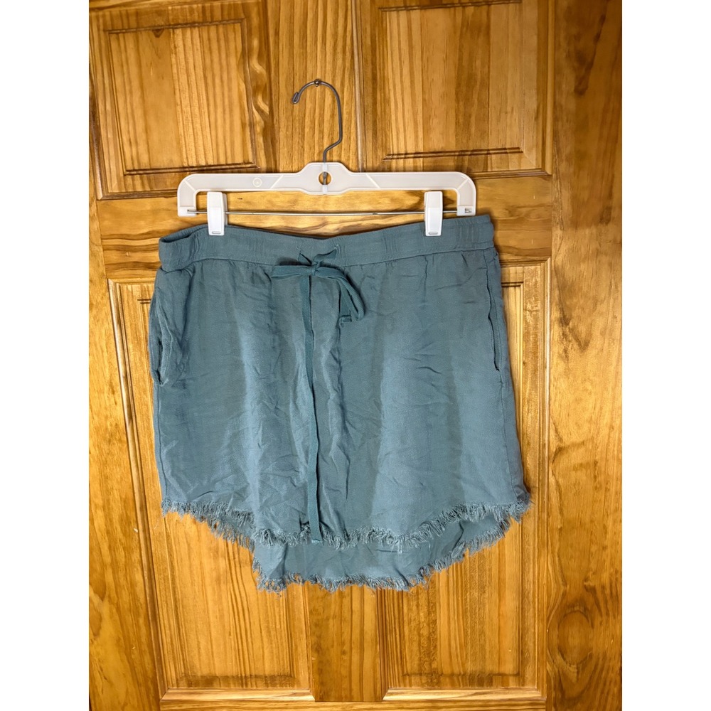 Umgee USA Women Blue Green Frayed Raw Hem Drawstring Casual Boho Shorts Medium